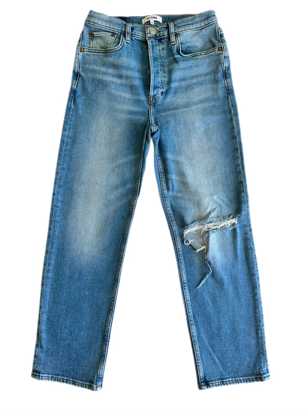 RE/DONE 70s Stove Pipe Rodeo Indigo Distressed Jeans Size 27
